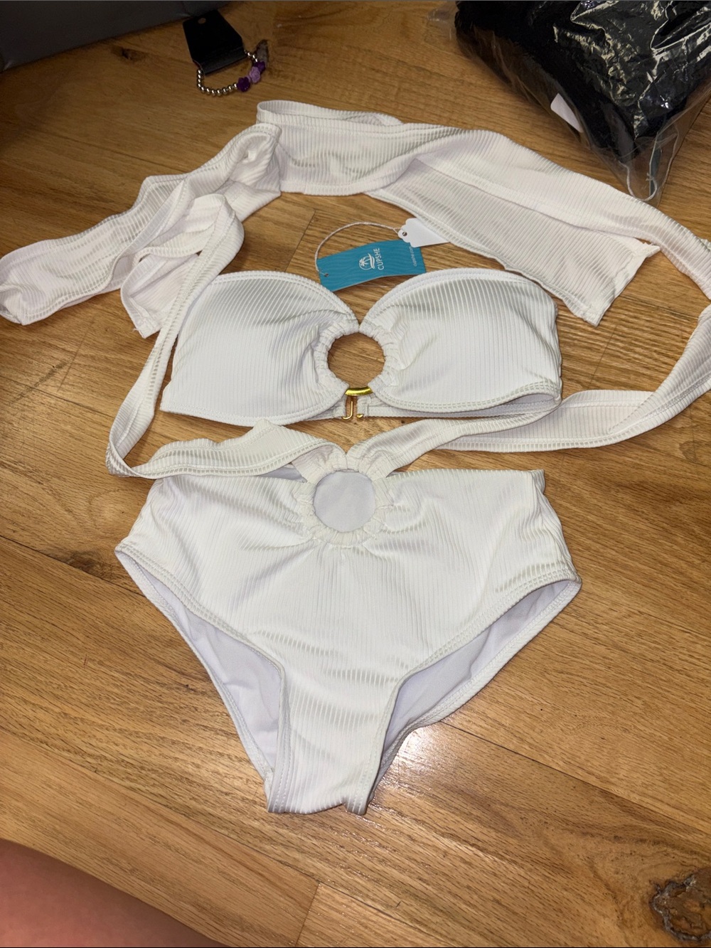 Cupshe White Ribbed High-Waist Ring Bikini Set